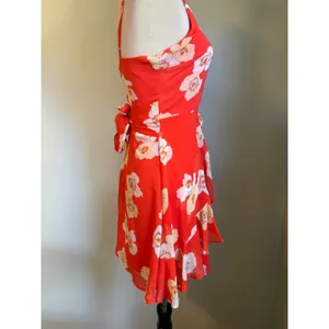 Red‎ Floral Mini Dress Sm Surplice Ruffle Tie resort boho whimsi dainty cottage thumbnail 3