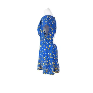 Free People Blue Peasant Faux Wrap Dress 8 Blue Floral Cap‎ Sleeves Keyhole thumbnail 3