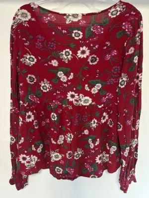 Aeropostale L Red Floral Blouse Ruched Tie Front Long Sleeve Boho Peasant Top thumbnail 3