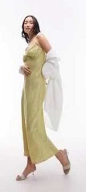 Topshop Floral Satin Ruched Bust Maxi Dress Green Pink Size 6 thumbnail 1