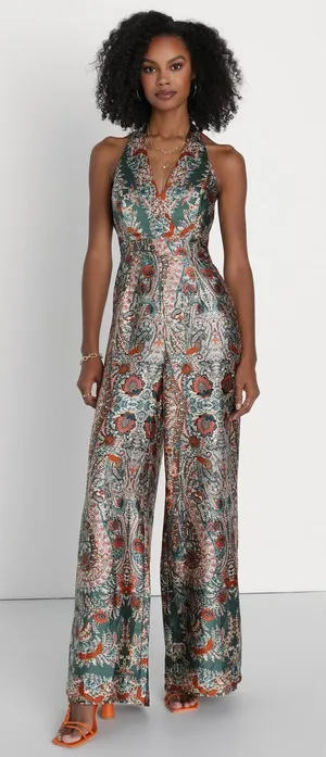 NWT Lulus Divine Wanderings Teal Green Scarf Print Satin Wide-Leg Jumpsuit Sz XS thumbnail 1
