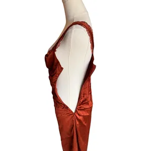 ASTR the Label - Alva Ruched Lace Trim Midi Slip Dress Rust Satin Sz XS thumbnail 8
