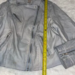 Chico’s light blue silver zipper faux leather motorcycle jacket coat womans M thumbnail 8