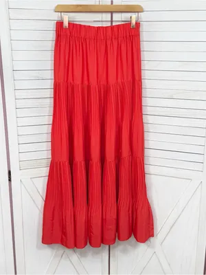 Outback Red Tiered Pleated Maxi Skirt Coral Orange Red XS Flowy Boho Tomato Girl thumbnail 7