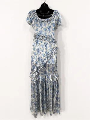LoveShackFancy Kenya Ruffled White and Blue Floral Maxi Dress Size 2 thumbnail 7