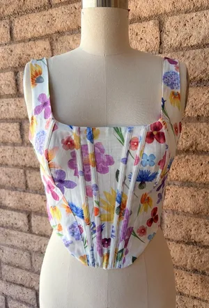Amazon | White Multicolor Floral Boned Corset Crop Top | L thumbnail 1