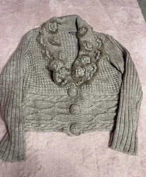 ROZ‎ & ALI Faux Fur Trimmed Cardigan Sweater Jacket Sz L Large I0216 thumbnail 1