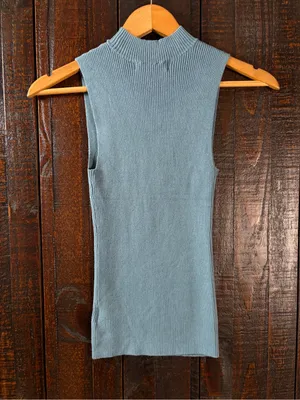 GUESS Ribbed Sleeveless V-cutout Sweater Top in Dusty Teal thumbnail 6