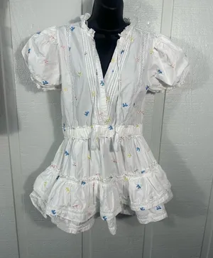 Mable White with Multi Colored Bows Puff Sleeve Lined Dress Size Small EUC thumbnail 1