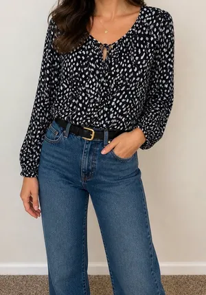 Michael Michael Kors Black & White Abstract Dot Tie-Neck Long Sleeve Blouse Size L thumbnail 1