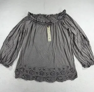 Solitaire Embroidered Peasant Blouse Gray‎ Boho Cottagecore Off Shoulder Top L thumbnail 1
