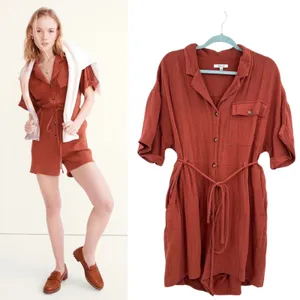 Madewell Lightspun Belted Safari Romper Shorts Short Sleeve‎ Gauze Rust Size XL thumbnail 2