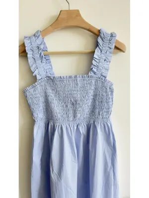 Love, Bonito Periwinkle Blue Smocked Midi Dress Ruffle Straps Cotton L NWT thumbnail 3