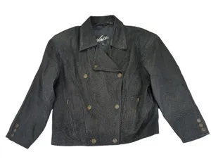 Winlit Women's Leather Jacket L Black Double Breasted‎ Vintage Made in Korea thumbnail 1
