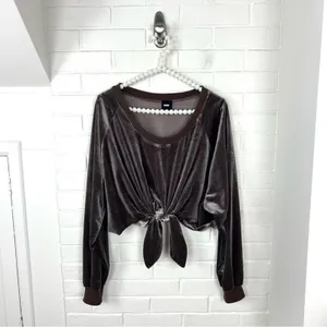 Nude Mocha Brown Velvet Tie Front Oversized Long Sleeve Crop Top Size S thumbnail 2
