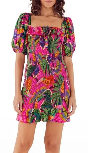 Farm Rio Painted Toucans Mini Dress Smocked Pink‎ thumbnail 1