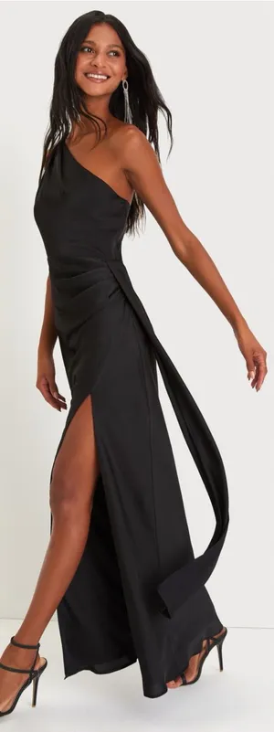 LULU’S Signature Elegance Black Satin One-Shoulder Maxi Dress thumbnail 1