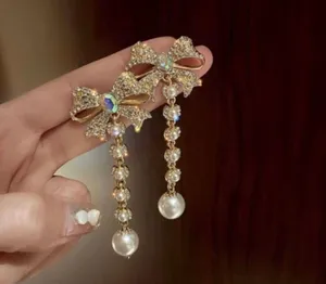 Women's Pearl Rhinestone Bow Tassel Dangle Drop Earrings Gold thumbnail 3