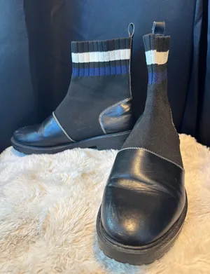 Black Ribbed Knit Sock Ankle Boots Striped Cuff Lug Sole Chelsea Boots Goth thumbnail 1