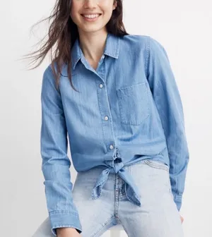 Madewell sz L Denim Button Roll Tab Collared Blouse Top Streetwear Minimal Norm thumbnail 1