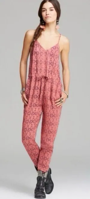Free People Sunset Romper Tomato Combo Pink Printed Cami Jumpsuit Women's Medium thumbnail 1