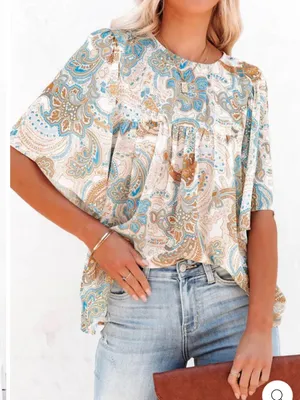 Vici Paisley Short Flutter Sleeve Top in Cream, Blue & Tan thumbnail 1