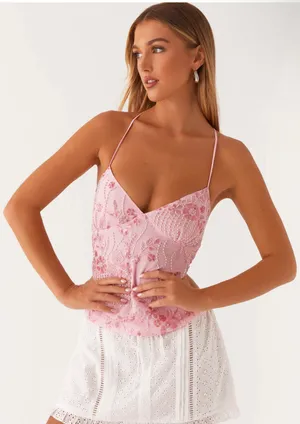 SheIn Beaded embroidered baby pink open back top thumbnail 1