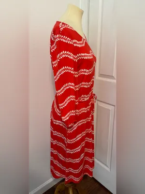BODEN Talia Red Jersey Dress Leaf Striped Print 3/4 Sleeves Drawstring Waist 8 thumbnail 5