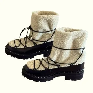 AQUA Fuzz Women’s Leather Lug Sole Sherpa Lace Up Winter Boot Black Size 6.5 thumbnail 8