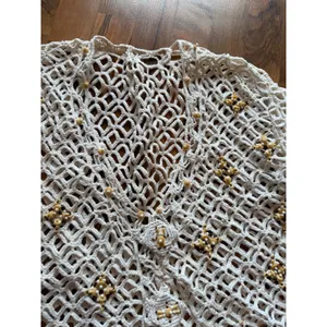 Unbranded Crochet Cardigan Women OS Cream Beaded Boho Open Knit‎ Sweater swim thumbnail 3
