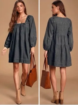 FREE PEOPLE Lou Jean Babydoll Dress in Black Grey Denim Oversized Boho Sz. S thumbnail 2