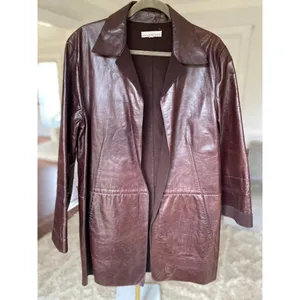 Anne Klein Leather Long Coat Brown Made in Korea Open Front Minimalist Classic L thumbnail 2