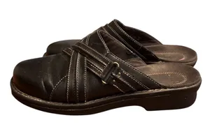 Clark’s black leather slip-on mule clogs crisscross strap women’s  Size 8 thumbnail 1