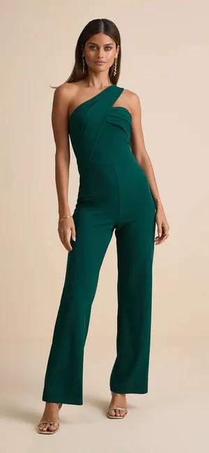NEW Lulus Devoted to Fun Hunter Green One-Shoulder Sleeveless Jumpsuit XL thumbnail 1