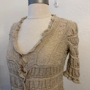 Natural Life Cardigan S Cottagecore Ruffle Pointelle Knit Cropped Peasant Hippie thumbnail 4