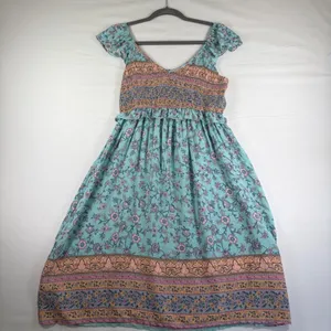 Teal Floral Smocked Midi Dress Womens‎ Medium Boho Flutter Sleeve Peasant V-Neck thumbnail 2