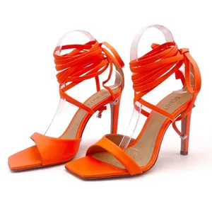 NEW Schutz Bryce Leather Stiletto Sandals Acid Orange Lace-Up Sandals Size 5.5 thumbnail 1