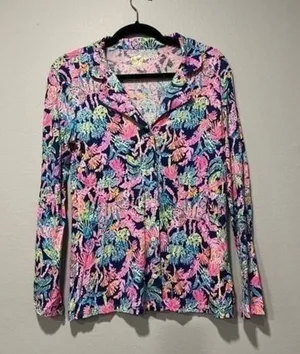 LILLY PULITZER PJ Knit LS Button Up Top Sm Oyster Bay Navy‎ Seen & Herd Knit thumbnail 1
