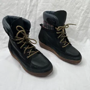 coolway Black Leather Plaid trim Lace Up Ankle Boots US 7 thumbnail 2
