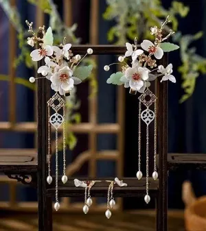 New Chinese Hairpin Hair Clip For Women Glazed Flower Pearl Tassel Headpiece thumbnail 2