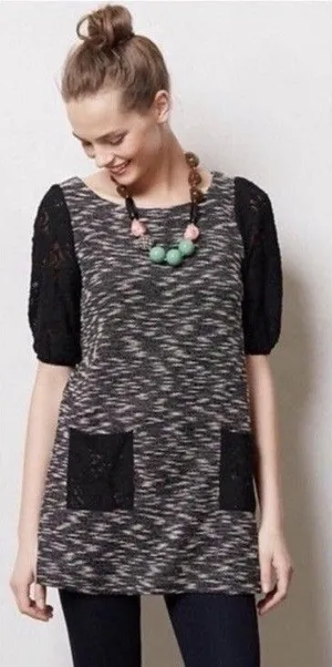 Anthropologie Postage Stamp Minidress / Tunic Sz XS Black Lace Sleeves Pockets thumbnail 1
