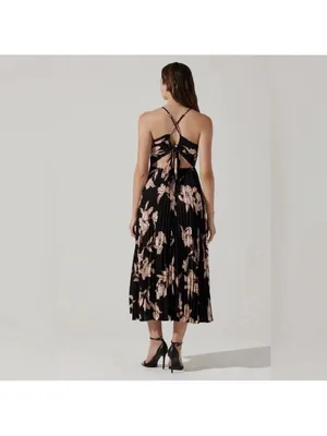 ASTR The Label Blythe Dress in Black Floral Pleated MIDI‎ Strappy Open Back S thumbnail 5