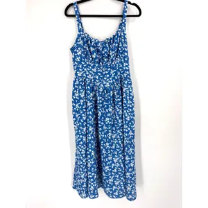 Scarlet Darkness Midi Dress Womens L Blue Floral Milkmaid Smocked Cottagecore thumbnail 2