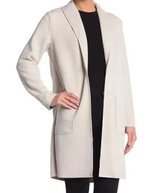 New! Joan Vass Faux‎ Leather Open Front Drape Collar Coat L thumbnail 1