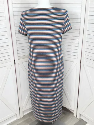 Loft Striped Shimmer Knit Midi Tee Shirt Dress Pink Blue Grey Metallic Size XL thumbnail 4