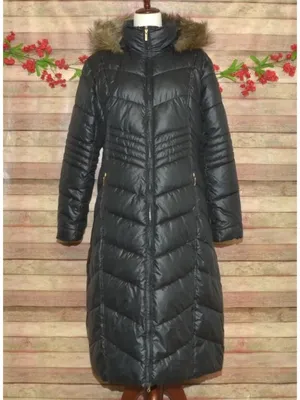 Gallery New York Womens L Long Maxi Puffer Coat Black Faux Fur Hood Quilted thumbnail 9