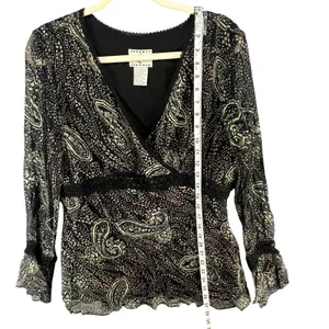 ICE Y2K Silk Babydoll Top Womens L Black Abstract Paisley Lined Whimsigoth Boho‎ thumbnail 9