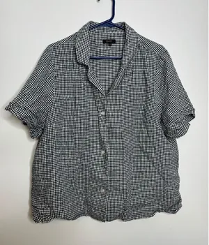 Quince 100% Linen Shirt Womens XL Black White Gingham Excellent Short Sleeve Top thumbnail 1