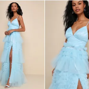 LULU's Prom Wedding Sexy Tiered Ruffles Boho Chic Blue Maxi Dress NWOT thumbnail 3