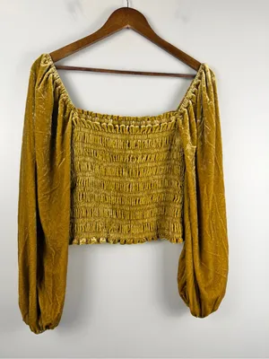 Anthropologie Puff-Sleeved Velvet Blouse in mustard yellow green size medium thumbnail 8